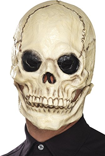 Man wearing a white skull mask with black eye sockets against a white background.