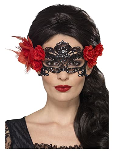 Black lace eye mask with red flower details, worn by a person.