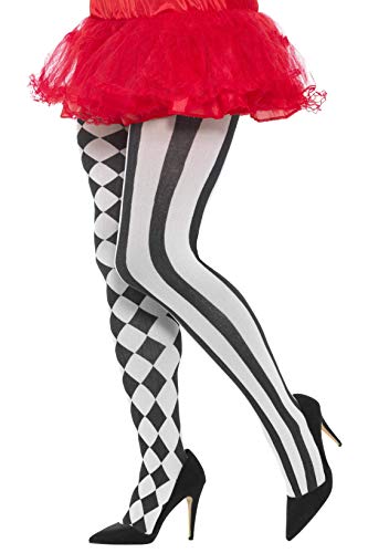 Black and white harlequin patterned tights worn with black heels.