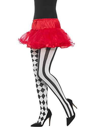 Black and white patterned tights on a mannequin leg with a red tutu.