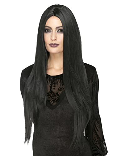 Long, straight black witch wig worn by a person with pale skin.