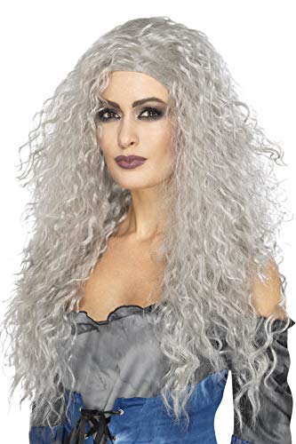 Long, curly grey wig worn by a person with dramatic makeup.