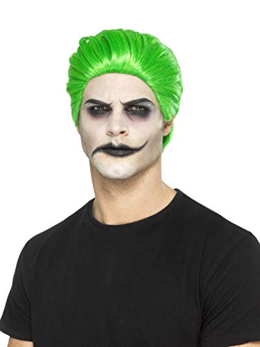 Bright green, spiky wig worn by a person with theatrical makeup.
