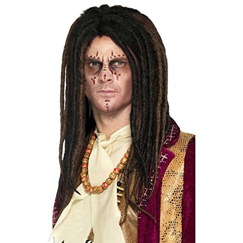 Man wearing a long, dark dreadlock wig with face paint.