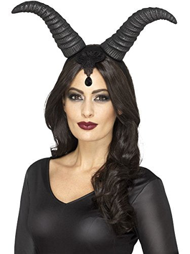 Black demonic queen horns on a headband, modeled on a woman.