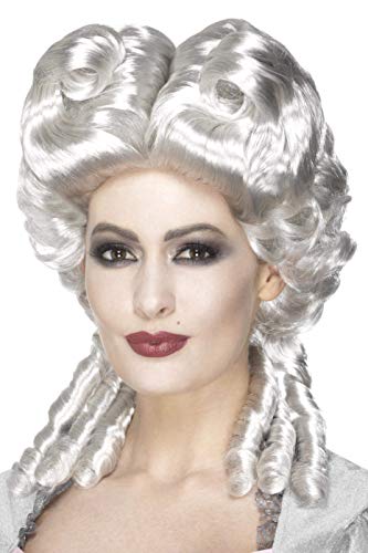 Silver, curly Marie Antoinette style wig worn on a mannequin head.