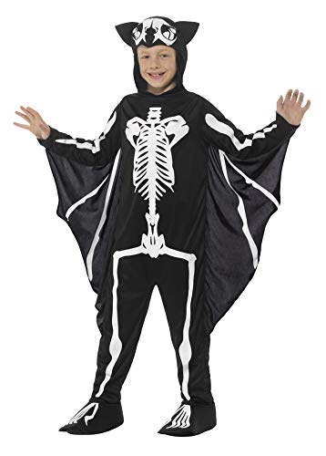 Child in a black bat skeleton costume with outstretched wings.