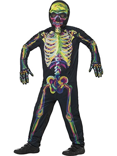 A person wearing a black skeleton costume with neon, glow-in-the-dark skeleton design.