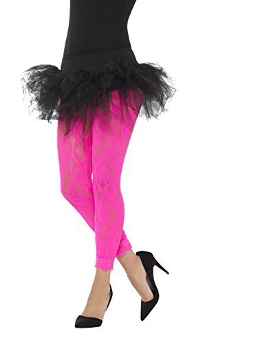 Bright pink lace leggings worn with a black tutu and black heels.