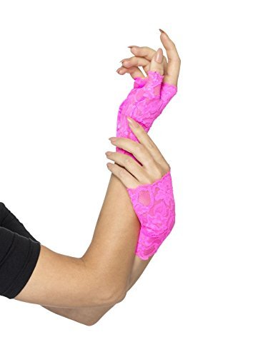 A person is wearing pink lace fingerless gloves on one hand against a white background.