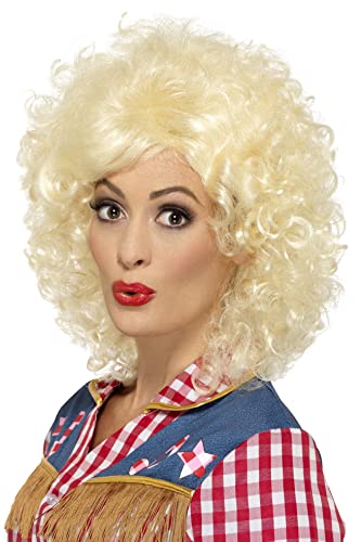 A woman wearing a voluminous, curly blonde wig and a red-and-white gingham cowgirl shirt.