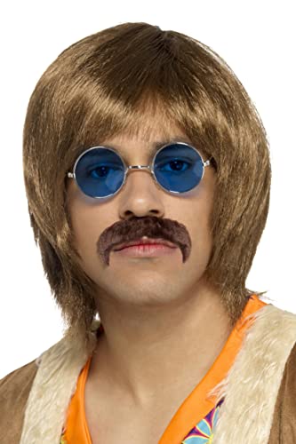 Brown wig, round blue sunglasses, and fake mustache costume kit.
