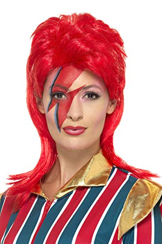 Woman wearing a voluminous red wig and a red lightning bolt face paint design.
