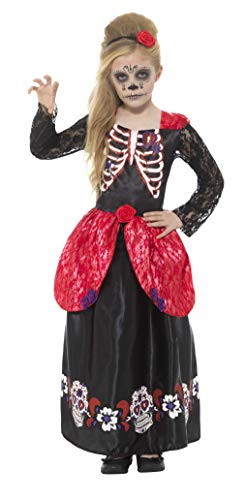 Girl in a Day of the Dead costume with skull makeup and red roses.