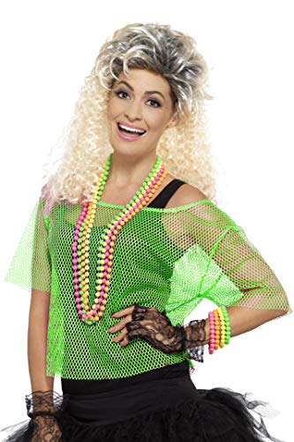 Woman wearing a bright green fishnet top and 80s accessories.