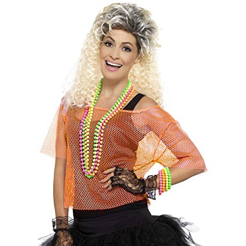 Woman wearing an orange fishnet top with 80s accessories.
