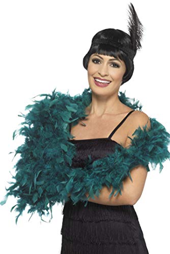 Woman wearing a long, fluffy green feather boa around her shoulders.