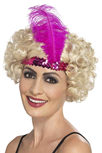 Pink and red sequined flapper headband with a feather, worn on a blonde wig.