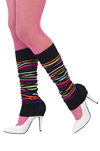 Black and multi-colored striped legwarmers worn with white heels.