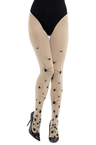 Woman wearing beige tights with black spider designs and black high heels.