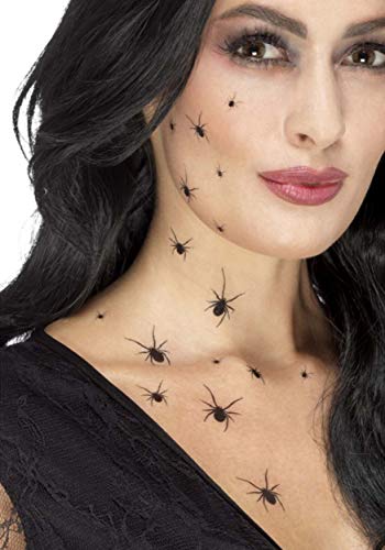 Woman with black spider temporary tattoos on face and neck.
