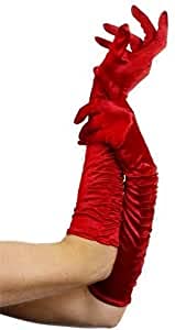 Long, red, satin gloves with gathered fabric, shown on an arm.