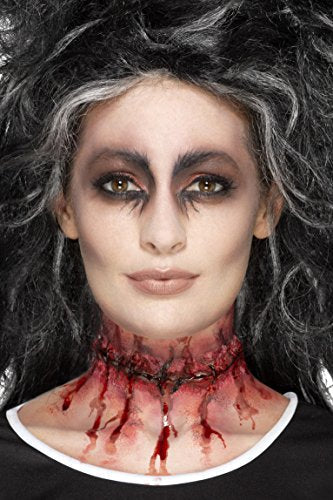 Woman wearing a realistic prosthetic latex neck scar with fake blood.