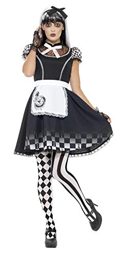 Woman in a black and white gothic Alice in Wonderland costume.