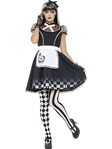 "Woman in a black Gothic Alice costume with checkered details and white apron."