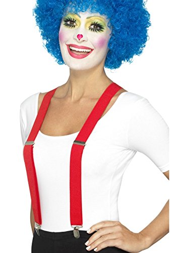A woman wearing a blue wig, white face paint, and red suspenders.