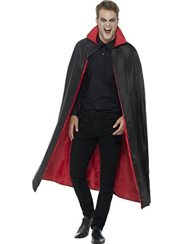 Man wearing a long, black and red reversible vampire cape.