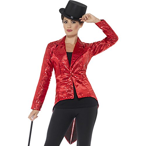A woman wears a red sequined tailcoat jacket, a black top hat, and trousers.