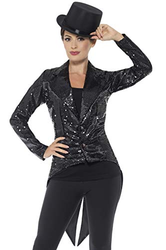 A woman wearing a black sequin tailcoat jacket and a black top hat.