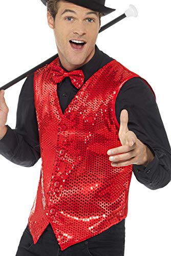 Man wearing a red sequin waistcoat, black shirt, bow tie, top hat, and cane.