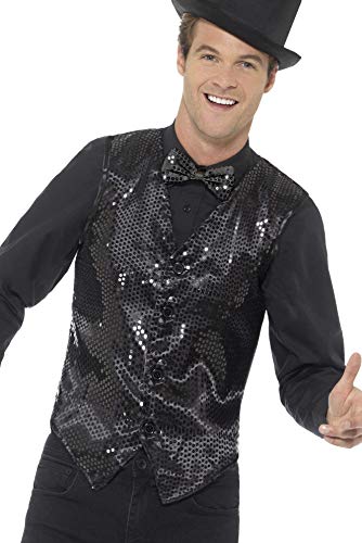 A man wearing a black sequin waistcoat, black shirt, bowtie, and a top hat.