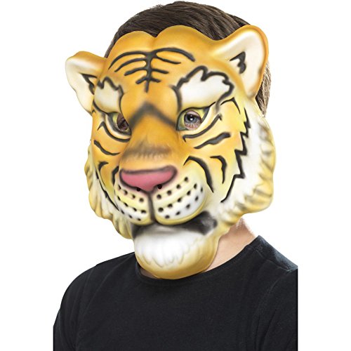 Person wearing a yellow and black striped tiger mask.