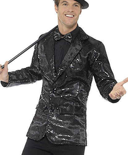 Man wearing a black sequin jacket, bow tie, and hat.