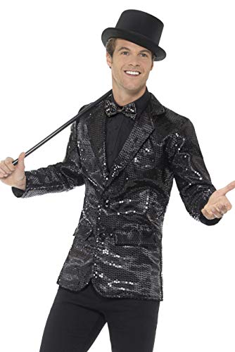 Man wearing a black sequin jacket, bow tie, and top hat.