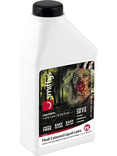 White bottle of Smiffys liquid latex with zombie makeup illustration.