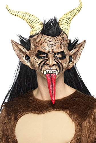Man wearing a Krampus mask with horns, sharp teeth, and red tongue, furry brown top.