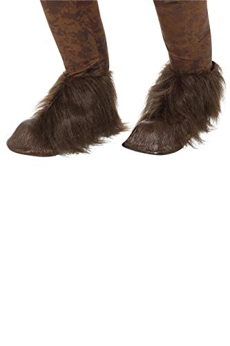 Brown, furry hoof shoe covers worn over boots, costume accessory.