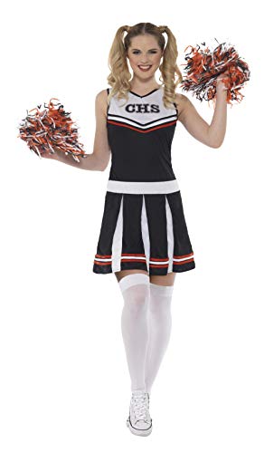 Woman in a black and white cheerleader costume with pom-poms.