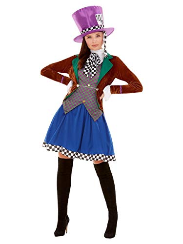 Woman in a colourful Mad Hatter costume with tall purple hat.
