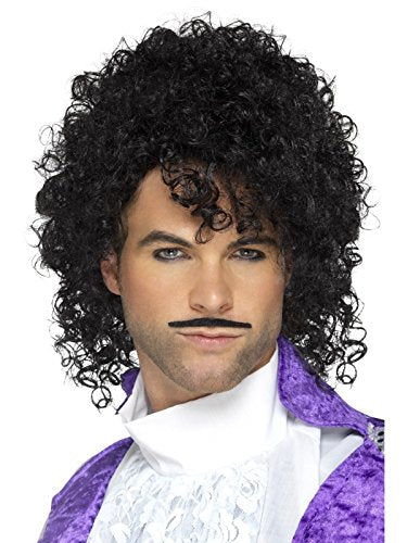 Man wearing curly black wig, purple jacket, white shirt, and fake mustache against a white background.