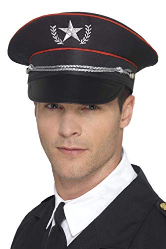 A man wearing a black military-style peaked cap with a silver star and trim.