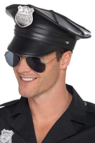 A man wearing a black police hat with a silver badge and aviator sunglasses.