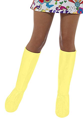 Yellow knee-high boot covers worn over shoes, on legs with dark skin.