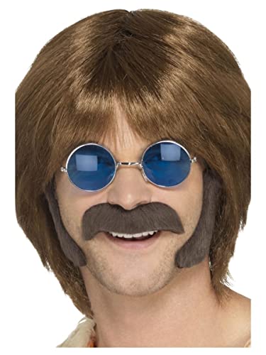 Man wearing a brown wig, round sunglasses, and a fake mustache.