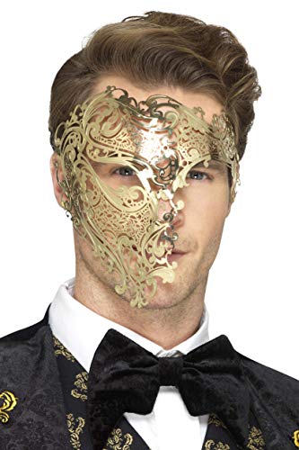 Man wearing an ornate gold filigree half-mask for masquerade.