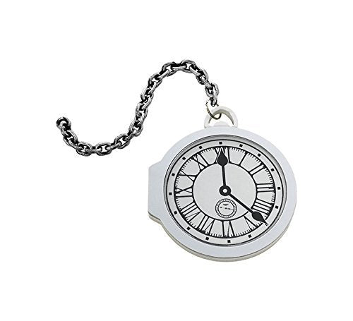 Silver pocket watch with black Roman numerals and chain against a white background.